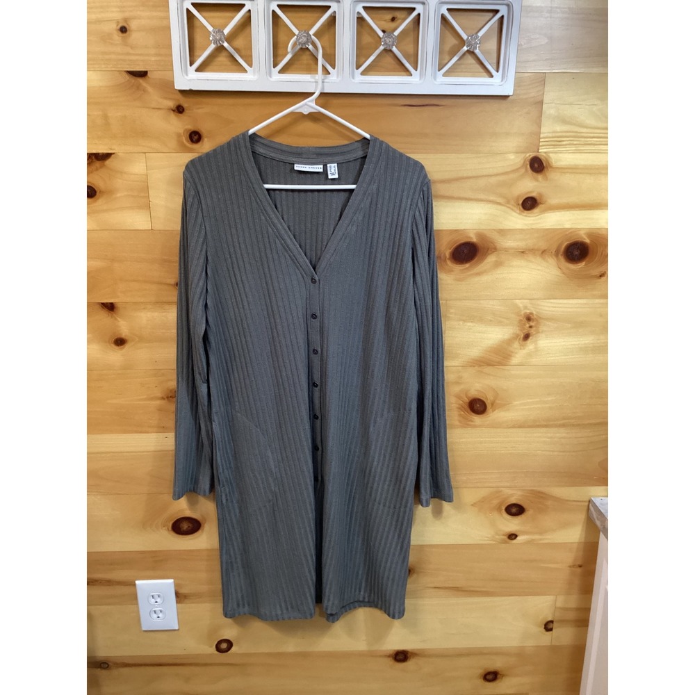 Susan Graver Womens L Olive Green Ribbed Longline Button Front Duster Cardigan